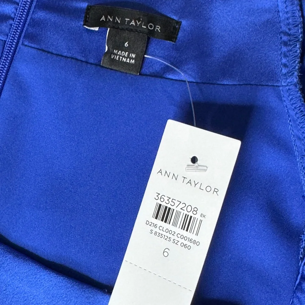 Ann Taylor Royal Blue Satin Dress | Size 6 | Puff Sleeve Tie Waist Midi Dress - Picture 10 of 10